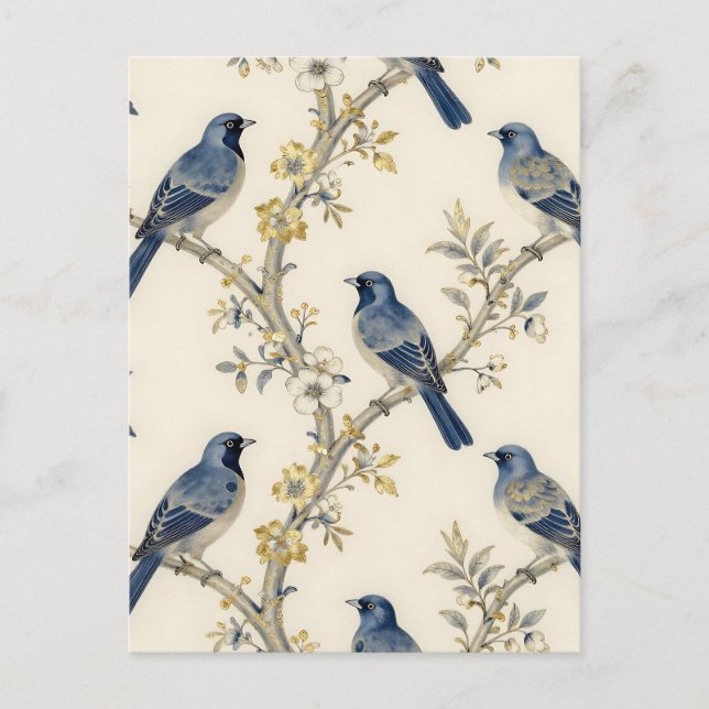 Carte Postale Motif Fleur Dorée d'Oiseaux Bleus (Devant)