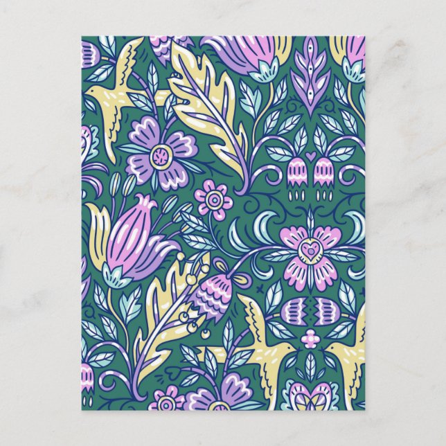 Carte Postale Motif Fleurs et Oiseaux de Style Antique (Devant)