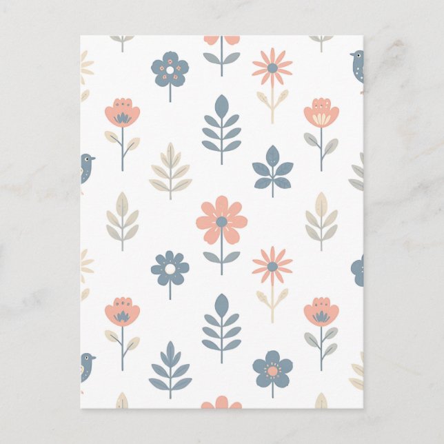 Carte Postale Motif Fleurs Oiseaux Folk Scandinave (Devant)