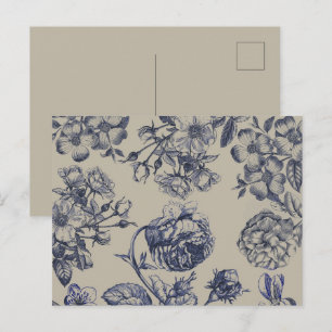 Carte Postale Motif Floral Botanique Toile Bleue Vintage Antique