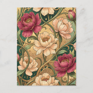 Carte Postale Motif floral de pivoine magenta et tourbillons dor