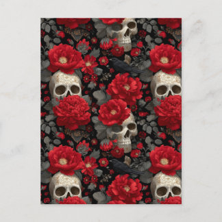 Carte Postale Motif floral sans couture de corbeau et de crâne g