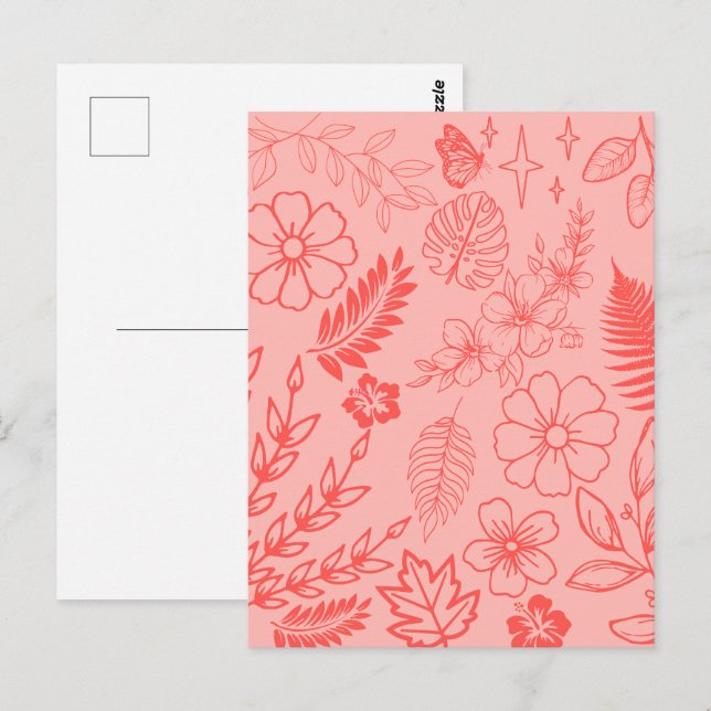 Carte Postale Motif floral tropical rouge corail (Devant / Derrière)