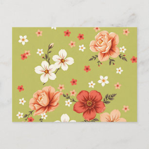 Carte Postale Motif floral vert clair avec Pêche et blanc