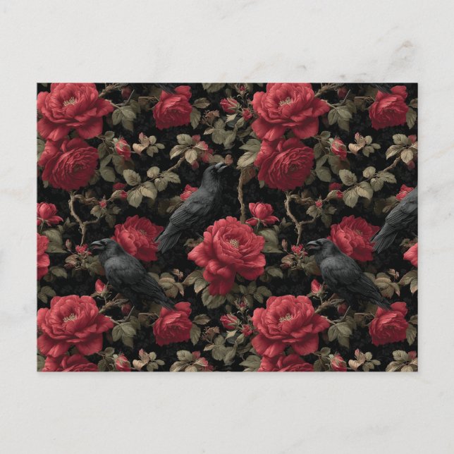Carte Postale Motif gothique avec roses rouges et corbeaux (Devant)