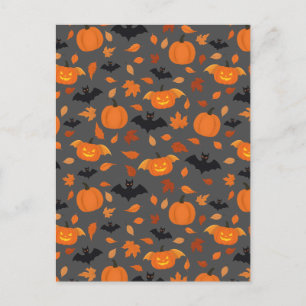 Carte Postale Motif Helloween citrouille, chauve-souris, feuil