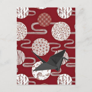 Carte Postale Motif japonais chanceux grue rouge kimono