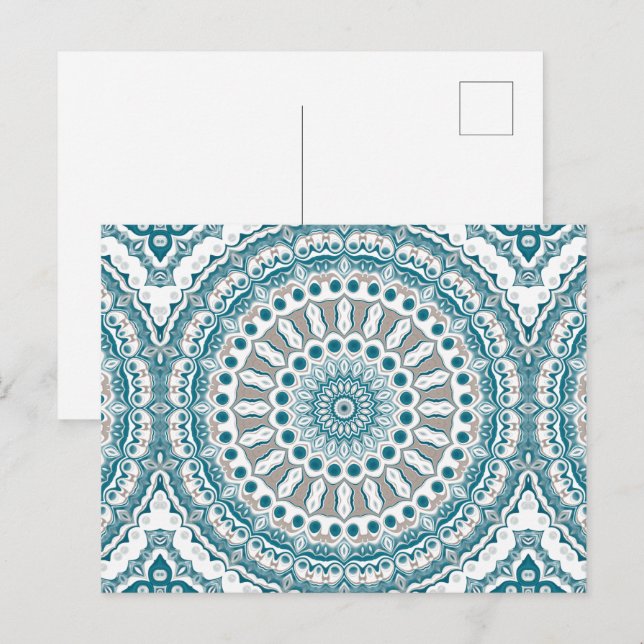 Carte Postale Motif Mandala Côtier Sarcelle et Beige (Devant / Derrière)