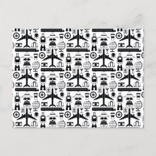 Carte Postale Motif moderne d'objets de voyage en noir et blanc