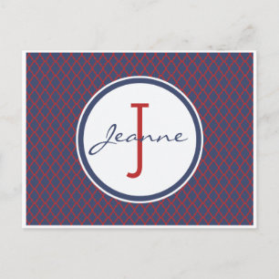 Carte Postale Motif Monogram Blue & Red Quatrefoil Trellis