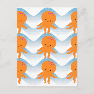 Carte Postale Motif Octopus Orange Et Vagues Bleues