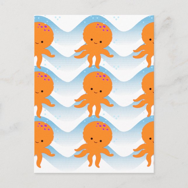 Carte Postale Motif Octopus Orange Et Vagues Bleues (Devant)