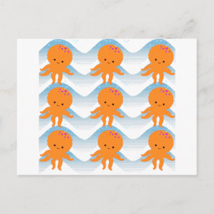 Carte Postale Motif Octopus Orange Et Vagues Bleues