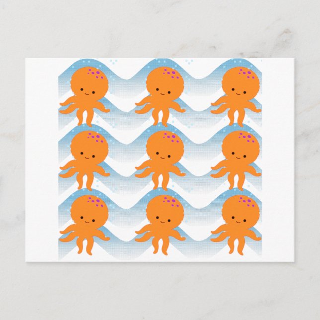 Carte Postale Motif Octopus Orange Et Vagues Bleues (Devant)