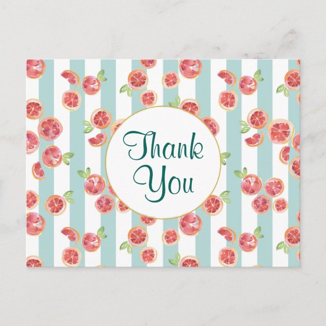 Carte Postale Motif Pamplemousse Rose sur Rayures Vertes Merci (Devant)