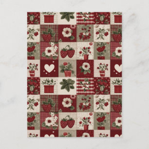 Carte Postale Motif Patchwork de Fraises de Campagne Vintage