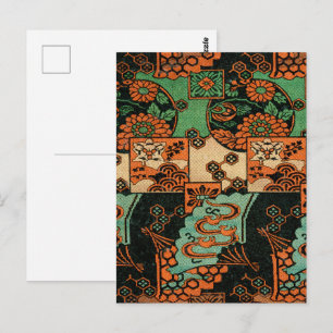 Carte Postale Motif rétro de chrysanthème et de vague japonais