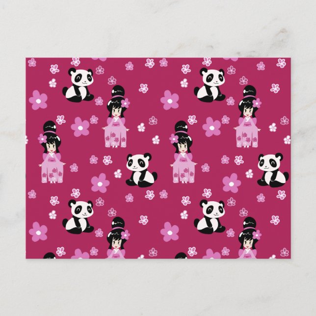 Carte Postale Motif rose Geisha Panda (Devant)