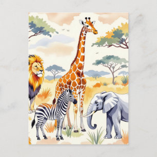 Carte Postale Motif sans couture d'animaux de safari Scène de sa