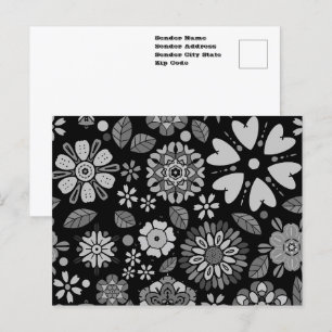 Carte Postale Motif sans couture d'art floral rétro noir et gris