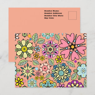 Carte Postale Motif sans fin de couleurs de fleurs rétro de la s