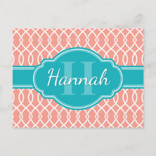 Carte Postale Motif Turquoise Monogramme rose blanc élégant