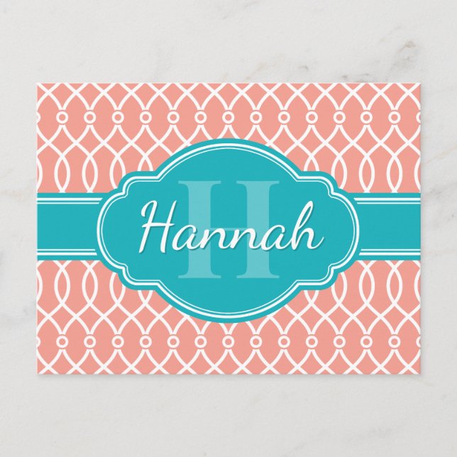 Carte Postale Motif Turquoise Monogramme rose blanc élégant (Devant)