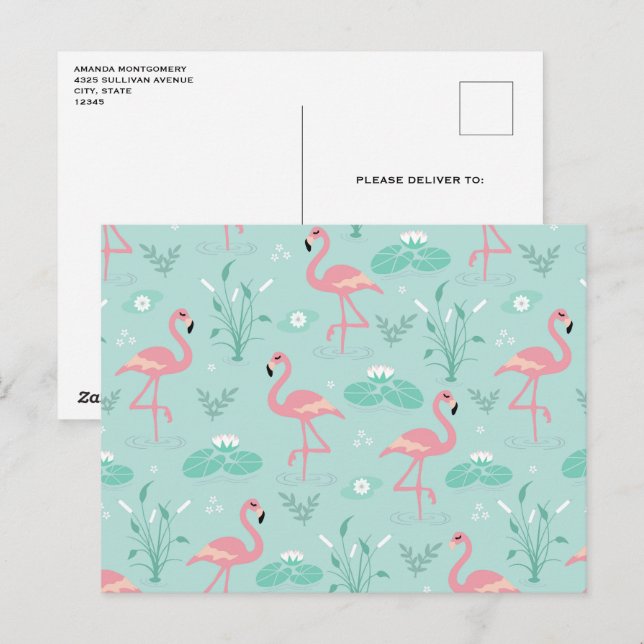 Carte Postale Motif vert Flamants roses rose Pastel (Devant / Derrière)
