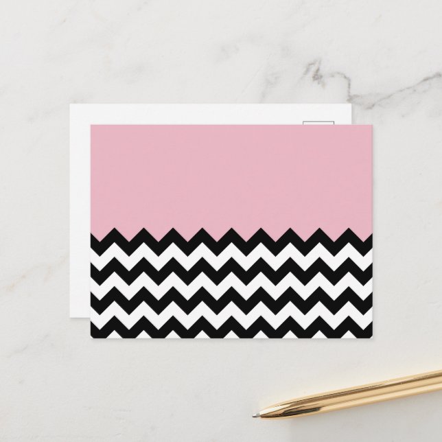 Carte Postale Motif Zigzag noir et blanc, Chevron, rose (Devant/Arrière en situation)