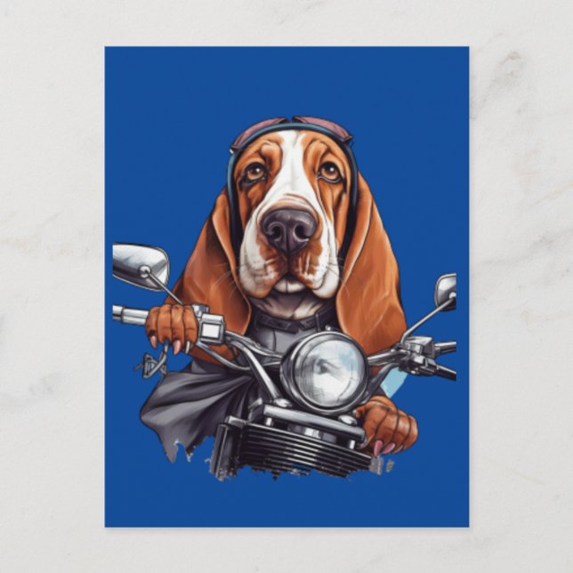 Carte Postale Moto cool chien, conducteur de chien basset hound  (Devant)