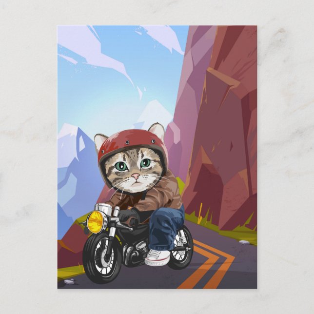 Carte Postale Moto D'Équitation Chat Sur Mountain Road (Devant)