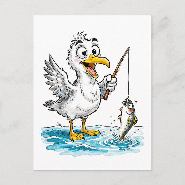 Carte Postale Mouette pêchant à la ligne dans des eaux peu profo (Devant)