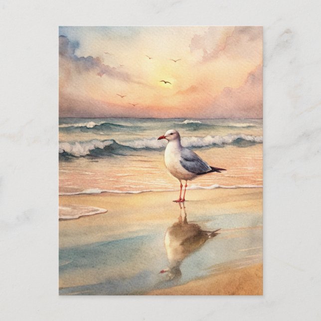 Carte Postale Mouette Rivage Coucher de Soleil Océan Peinture à  (Devant)