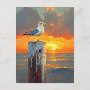 Carte Postale Mouette sur le coucher du soleil sur l'art océaniq