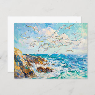 Carte Postale Mouettes au-dessus des vagues Impressionniste scèn