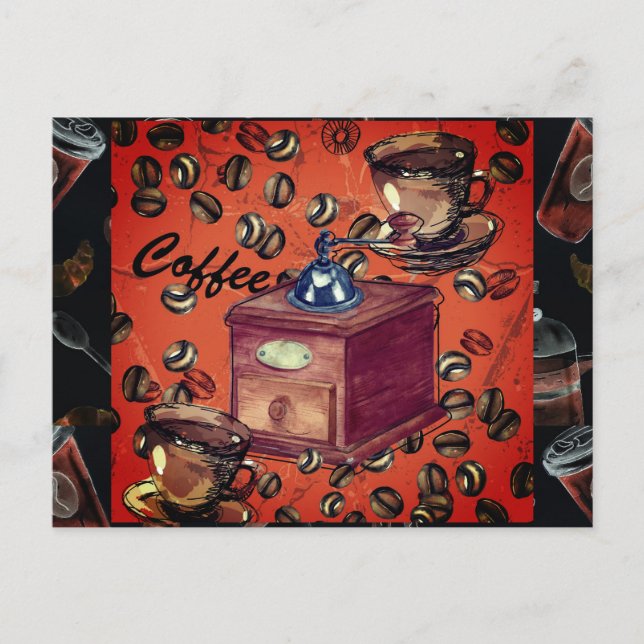Carte Postale Moulin à café vintage grains d'espresso (Devant)