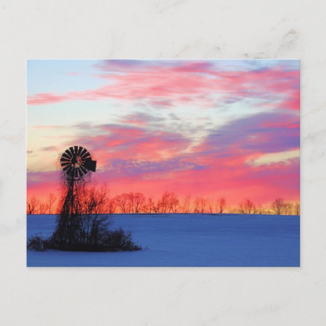 Carte Postale Moulin à vent avec lever de soleil rose (Devant)