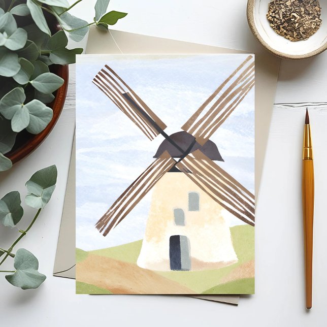 Carte Postale Moulin à vent rustique | Aquarelle naturelle (Créateur téléchargé)