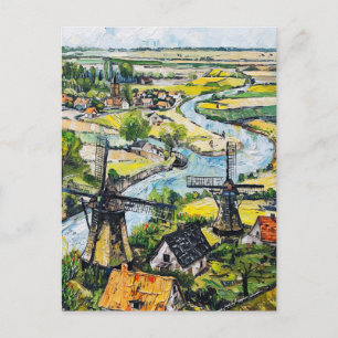 Carte Postale Moulins à vent et église au bord de la rivière, pe