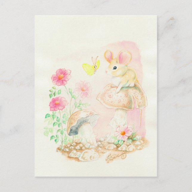 Carte Postale Mouse On Mushroom Art Potcards, Greeting Cards (Devant)