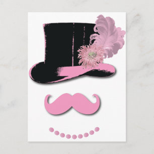 Carte Postale Moustache rose, chapeau supérieur, plumes et fleur