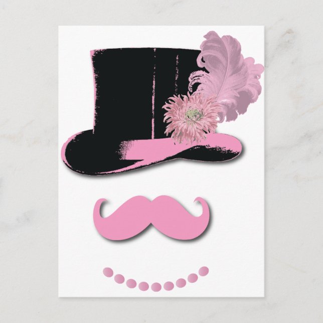 Carte Postale Moustache rose, chapeau supérieur, plumes et fleur (Devant)