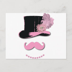Carte Postale Moustache rose, chapeau supérieur, plumes et fleur