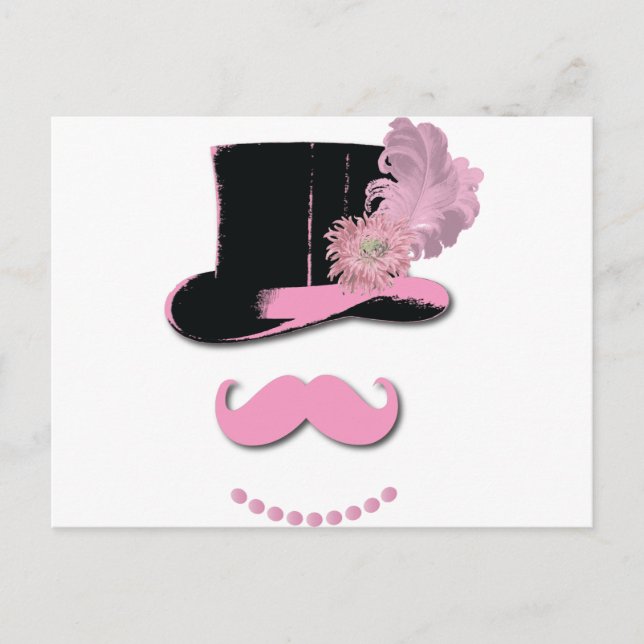 Carte Postale Moustache rose, chapeau supérieur, plumes et fleur (Devant)