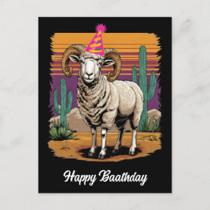 Carte Postale Mouton à grandes cornes du désert & chapeau néon d