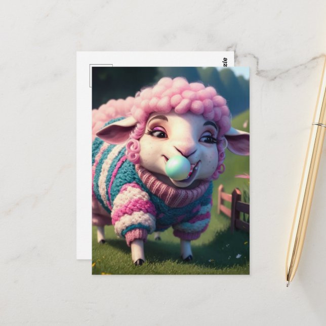 Carte Postale Mouton drôle dans un pull qui mâche du chewing-gum (Devant/Arrière en situation)