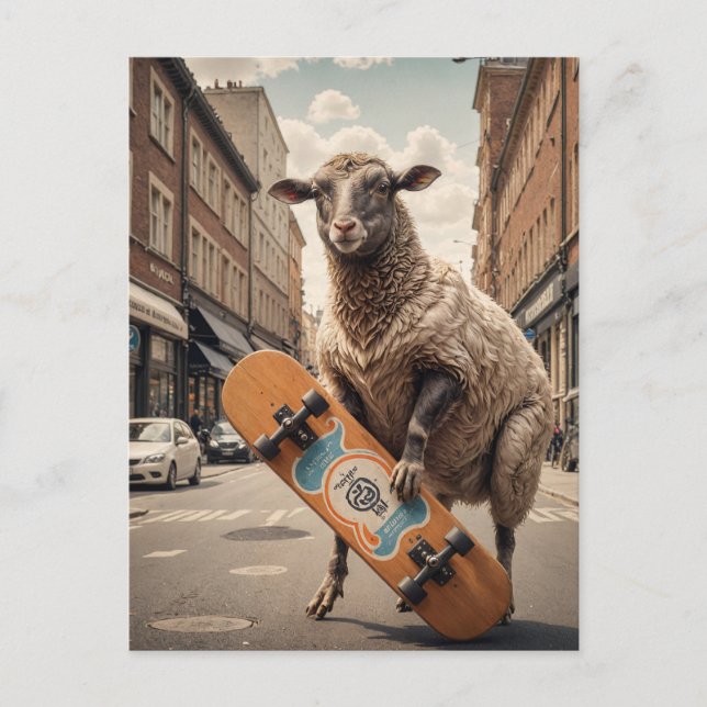 Carte Postale Mouton drôle de skateboard dans une rue de la vill (Devant)