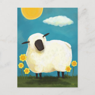 Carte postale Mouton Fluffy et Fleurs Jaunes