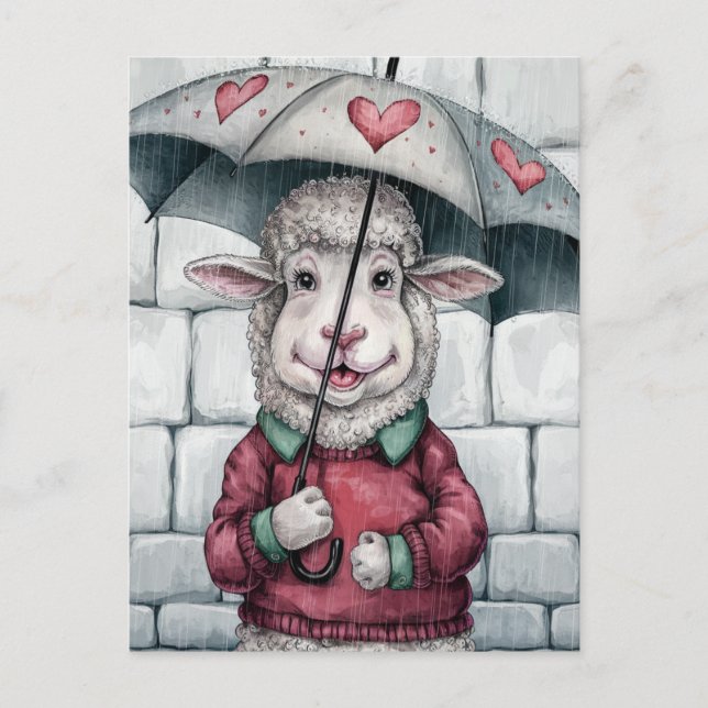 Carte Postale Mouton Mignon Avec Parapluie (Devant)
