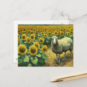 Carte Postale Moutons adorables dans un champ de tournesols